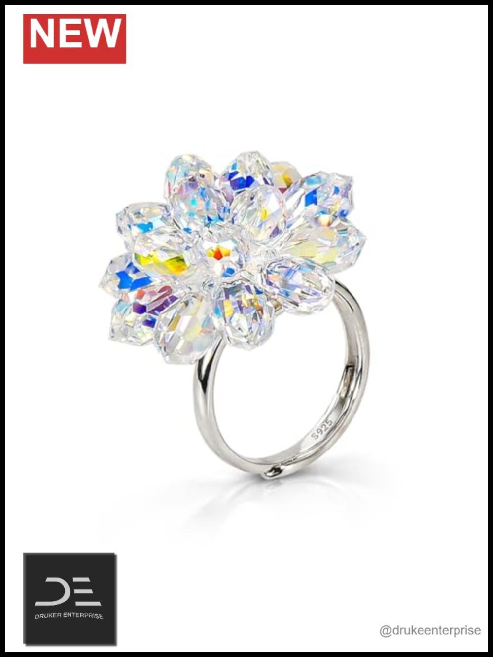 Adjustable 925 Sterling Silver Flower Ring with Austrian Crystals, Statement